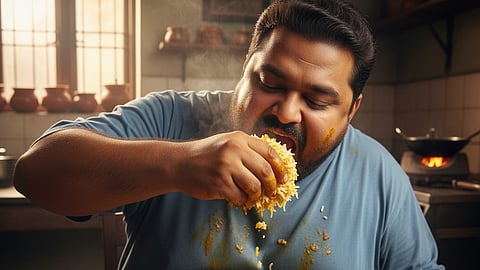 Obese Man eating rice