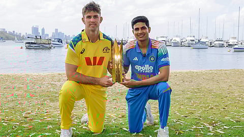 India-Australia captains Shubman Gill and Mitchell Marsh with the ODI series trophy