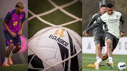 Barcelona's Lamine Yamal and Real Madrid's Kylian Mbappe in practice