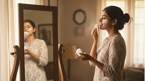 Woman using talc on face