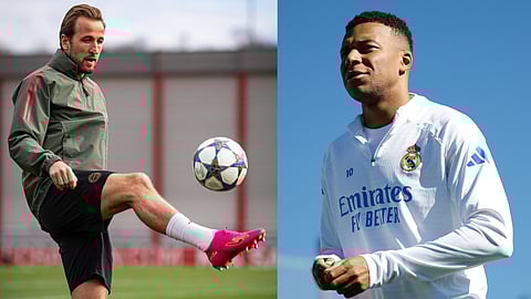 Harry Kane and Kylian Mbappe in training