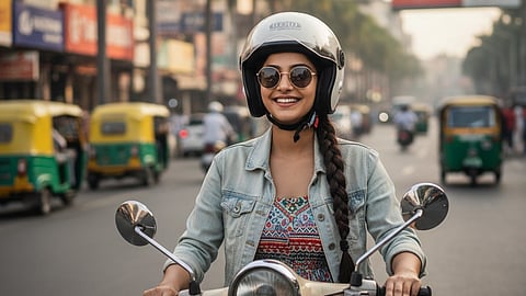 Woman driving scooter, helmet