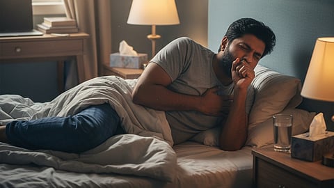 man coughing while lying down, heart failure