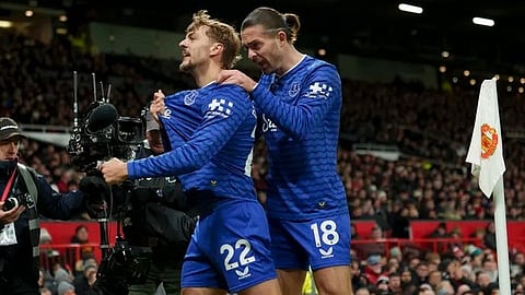 Dewsbury Hall and Jack Grealish celebrate a goal