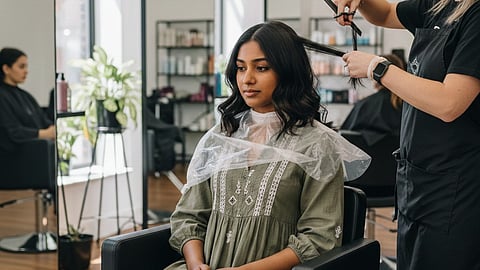 Woman getting her hair trimmed