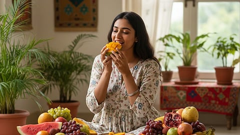 Woman eating Fruits, Fiber Maximaxing