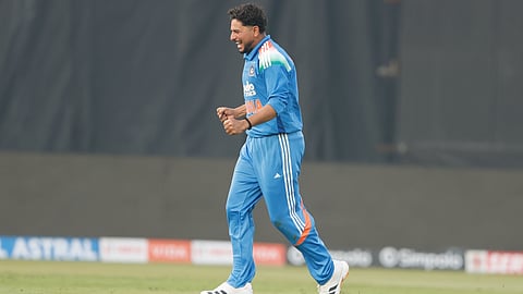 Kuldeep Yadav celebrates after taking a wicket