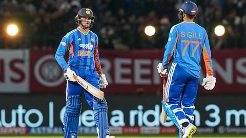 India's Shubman Gill, right, and Abhishek Sharma during the third T20 International cricket match