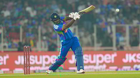India's Sanju Samson plays a shot during the fifth T20 International cricket match