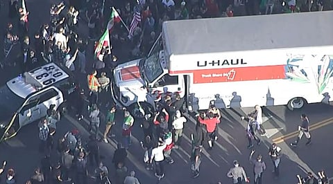 truck speeds through anti-Iran demonstration in Los Angeles 
