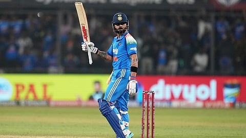 India's Virat Kohli celebrates his century during the third One Day International cricket match between India and New Zealand