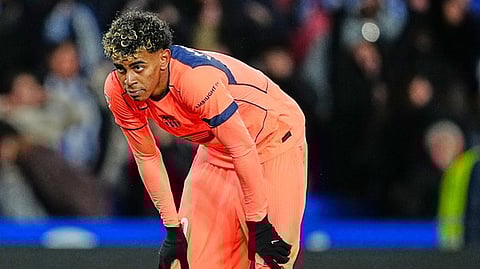 arcelona's Lamine Yamal reacts during the Spanish La Liga soccer match