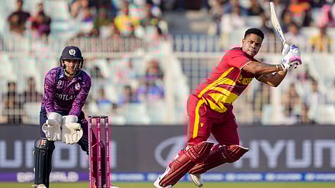 West Indies' Shimron Hetmyer plays a shot during the ICC Men's T20 World Cup 2026 cricket match