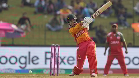 Zimbabwe's Brian Bennett hits a boundary during the T20 World Cup cricket match
