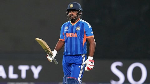 India's Sanju Samson reacts as he leaves the ground after losing his wicket 