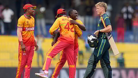 Zimbabwe's players celebrates after won the T20 World Cup cricket match against Australia