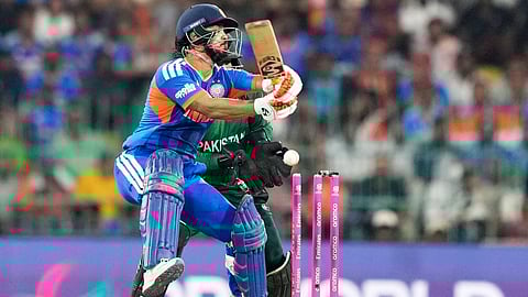 India's Ishan Kishan is bowled out by Pakistan's Saim Ayub during the T20 World Cup cricket match