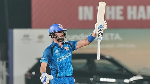 Afghanistan's Ibrahim Zardan celebrates his fifty runs during the T20 World Cup cricket match