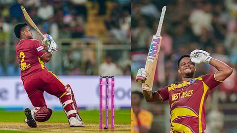 West Indies' Shimron Hetmyer plays a shot during an ICC Men's T20 World Cup