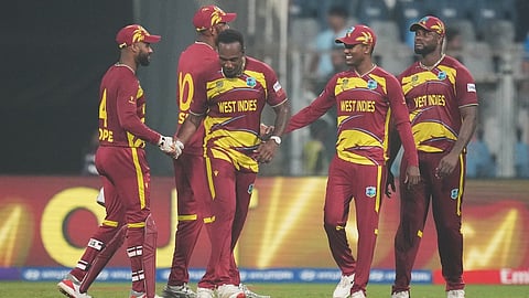 West Indies players celebrates after their win against Zimbabwe during the T20 World Cup cricket match