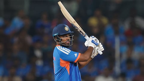 India's Sanju Samson plays a shot during the T20 World Cup cricket match