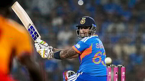 India's captain Suryakumar Yadav plays a shot during an ICC Men's T20 World Cup 2026 cricket matc