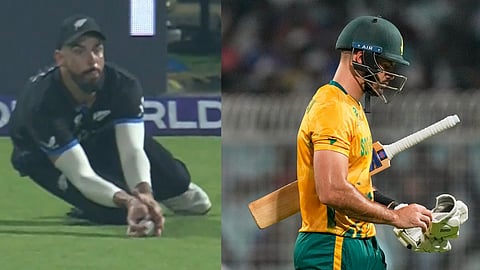 South Africa's captain Aiden Markram leaves the ground after losing his wicket during the first T20 World Cup cricket semifinal match