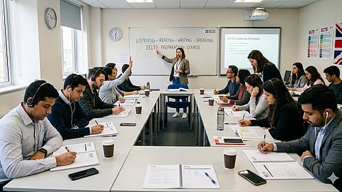 Students attending IELTS offline coaching class and MBA admission process at KICMA and KITTS in Kerala