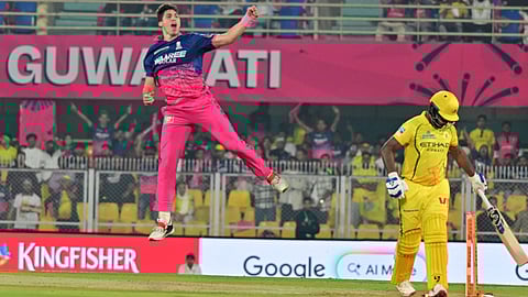 Rajasthan Royals' Nandre Burger celebrates the wicket of Chennai Super Kings' Sanju Samson 