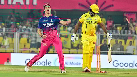 Rajasthan Royals' Nandre Burger celebrates the wicket of Chennai Super Kings' Sanju Samson during their Indian Premier League 2026 match