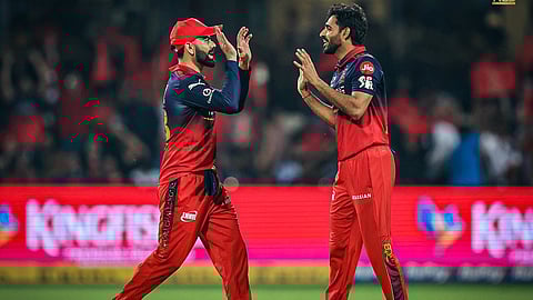 Kohli and Bhuvneshwar Kumar celebrate their wickets