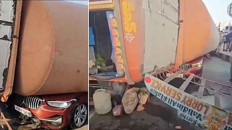 man killed when a concrete mixer truck fell onto the BMW car