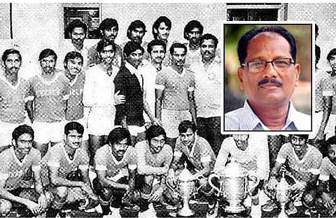 ക്യാപ്റ്റന്‍ മണിയുടെ നേതൃത്വത്തില്‍ സന്തോഷ് ട്രോഫി നേടിയ കേരള ടീം (ഇന്‍സെറ്റില്‍ വിക്ടര്‍ മഞ്ഞില)