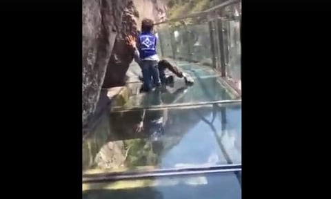 എഴുന്നേറ്റ് വാടോ അച്ഛാ... ചില്ലുപാലത്തില്‍ പേടിച്ച് വിറച്ചിരിക്കുന്ന അച്ഛനെ പിടിച്ചുവലിക്കുന്ന നാലുവയസുകാരന്റെ വീഡിയോ വൈറലാകുന്നു