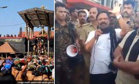 ആചാരലംഘനം തടയാന്‍ ഇവിടെ പൊലീസുണ്ട് ; ആവശ്യമെങ്കില്‍ എല്ലാവരെയും വിളിക്കും, നിരോധനാജ്ഞയുള്ള സന്നിധാനത്ത് പൊലീസ് മൈക്കില്‍ ആര്‍എസ്എസ് നേതാവിന്റെ പ്രസംഗം 