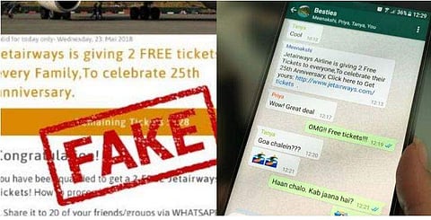 വാട്‌സാപ്പ് മെസേജ് കണ്ട് കൊതിക്കണ്ട; ജെറ്റ് എയര്‍വേയ്‌സ് സൗജന്യമായി ടിക്കറ്റ് കൊടുക്കുന്നില്ല 