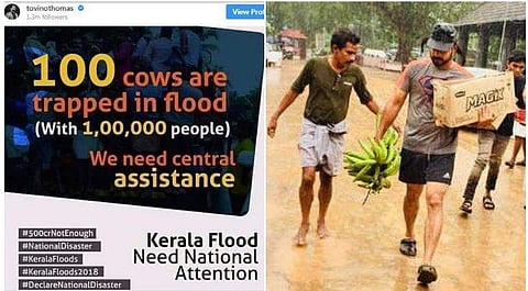 'നൂറ് പശുക്കളും ഒരു ലക്ഷം മനുഷ്യരും പ്രളയത്തില്‍ പെട്ടു';  കേന്ദ്രത്തെ ട്രോളി ടൊവിനോ