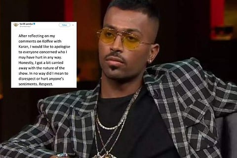 വിവാദമായ ലൈംഗീക പരാമര്‍ശങ്ങള്‍; ഹര്‍ദിക് പാണ്ഡ്യ മാപ്പ് പറഞ്ഞു