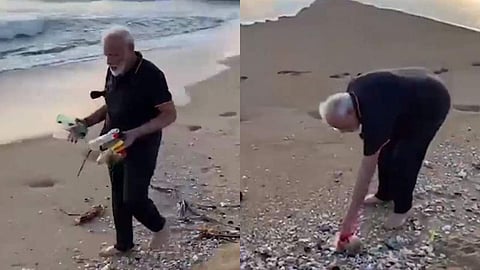 കടല്‍ത്തീരത്ത് പ്ലാസ്റ്റിക് കുപ്പിയും മാലിന്യങ്ങളും പെറുക്കി മോദി, സ്വച്ഛ് ഭാരത് സന്ദേശം (വീഡിയോ)