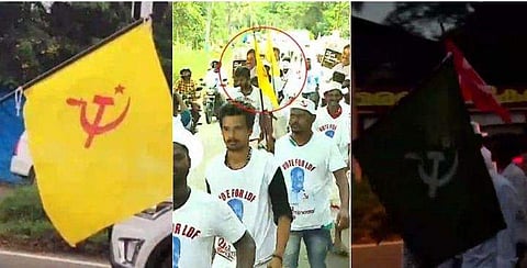 ചെങ്കൊടിക്ക് പകരം മഞ്ഞയിലും പച്ചയിലും അരിവാള്‍ ചുറ്റിക പതിച്ച കൊടികള്‍ ; ഇതോ 'നവോത്ഥാന'മെന്ന് കോണ്‍ഗ്രസും ബിജെപിയും