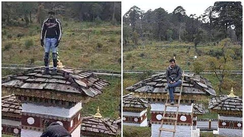 ഫോട്ടോയ്ക്ക് പോസ് ചെയ്യാന്‍ ബുദ്ധസ്തൂപത്തില്‍ ഏണിവെച്ച് കയറി: ഇന്ത്യന്‍ ബൈക്കര്‍ ഭൂട്ടാനില്‍ പിടിയില്‍
