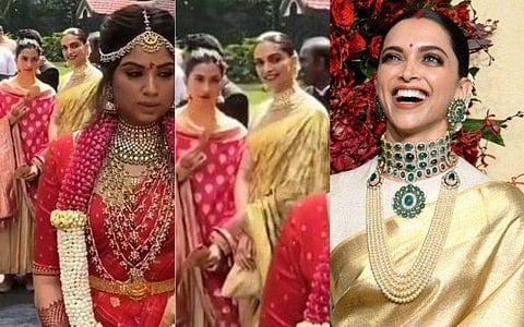 ഉറ്റസുഹൃത്തിന്റെ വിവാഹത്തില്‍ തിളങ്ങി ദീപിക; ദീപ്‌വീര്‍ വിവാഹാഘോഷങ്ങളെ ഓര്‍മ്മിപ്പിച്ച് സാരി 