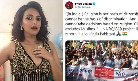 ഹലോ ഹിന്ദു പാകിസ്ഥാന്‍! ജിന്ന പുനര്‍ജനിച്ചിരിക്കുന്നു! എതിർപ്പുമായി നടി സ്വര ഭാസ്കർ