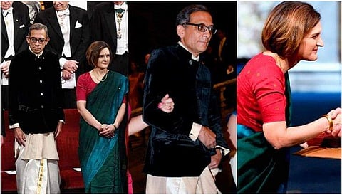 കസവുമുണ്ടും കുർത്തയുമണിഞ്ഞ് അഭിജിത്, സാരിയുടുത്ത് എസ്തേറും; ഭാരതീയ വേഷത്തിൽ നൊബേൽ ഏറ്റുവാങ്ങി 