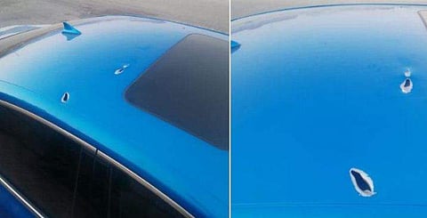 ഏറ്റുമുട്ടൽ നടന്ന സ്ഥലത്തെ വാഹനത്തിൽ വെടിയേറ്റ പാടുകൾ