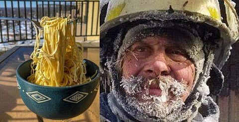 ഐസ് പിടിച്ച മീശ, കുരുക്കഴിയാതെ  ന്യൂഡില്‍സ്; പോളാര്‍ വോര്‍ട്ടെക്‌സില്‍ തണുത്തുറഞ്ഞ് ട്വിറ്ററും (വീഡിയോ)