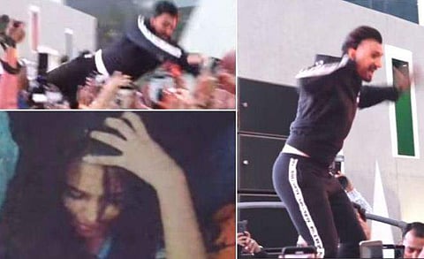 ആവേശത്തില്‍ ആള്‍ക്കൂട്ടത്തിലേക്ക് എടുത്തു ചാടി രണ്‍വീര്‍, ചാട്ടം പിഴച്ച് ആരാധികയ്ക്ക് പരുക്ക്, കുട്ടിക്കളി നിര്‍ത്താന്‍ സോഷ്യല്‍മീഡിയ ( വീഡിയോ) 