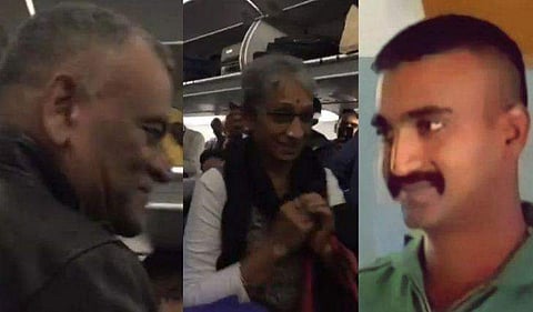 അഭിനന്ദന്റെ മാതാപിതാക്കള്‍ക്ക് വിമാനത്തില്‍ കരഘോഷത്തോടെ വരവേല്‍പ്പ് (വിഡിയോ) 