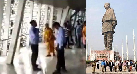 ചോര്‍ന്നൊലിച്ച് സര്‍ദാര്‍ പ്രതിമ; കാലാവസ്ഥ ആസ്വദിക്കാനാണെന്ന് വിശദീകരണം, മഴയില്‍ നനഞ്ഞ് സന്ദര്‍ശകര്‍