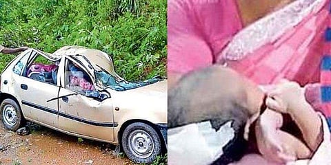 കാറിന് മുകളിലേക്ക് മരം ഒടിഞ്ഞു വീണു ; അഞ്ചുദിവസം പ്രായമുള്ള കുഞ്ഞും മാതാപിതാക്കളും രക്ഷപ്പെട്ടത് തലനാരിഴയ്ക്ക്